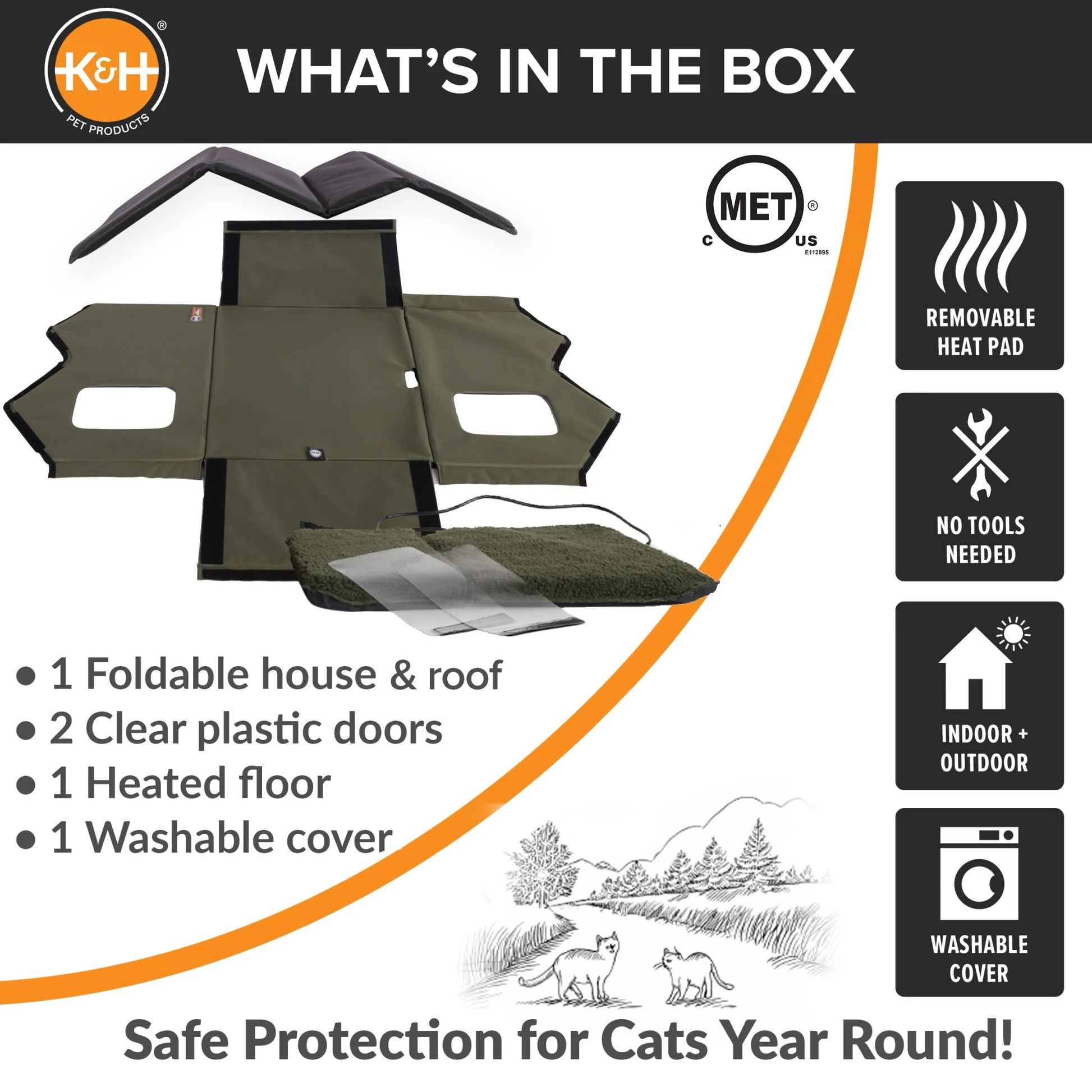 Outdoor Heated Kitty House for Cats, Extra-Wide Olive/Black