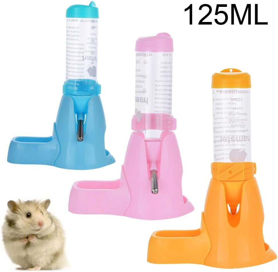 Hamster Water Bottle, Little Pet Automatic Drinking Bottle with Food Container Base Hut Hanging Water Feeding Bottles Auto Dispenser for Small Animals (125Ml,Pink)