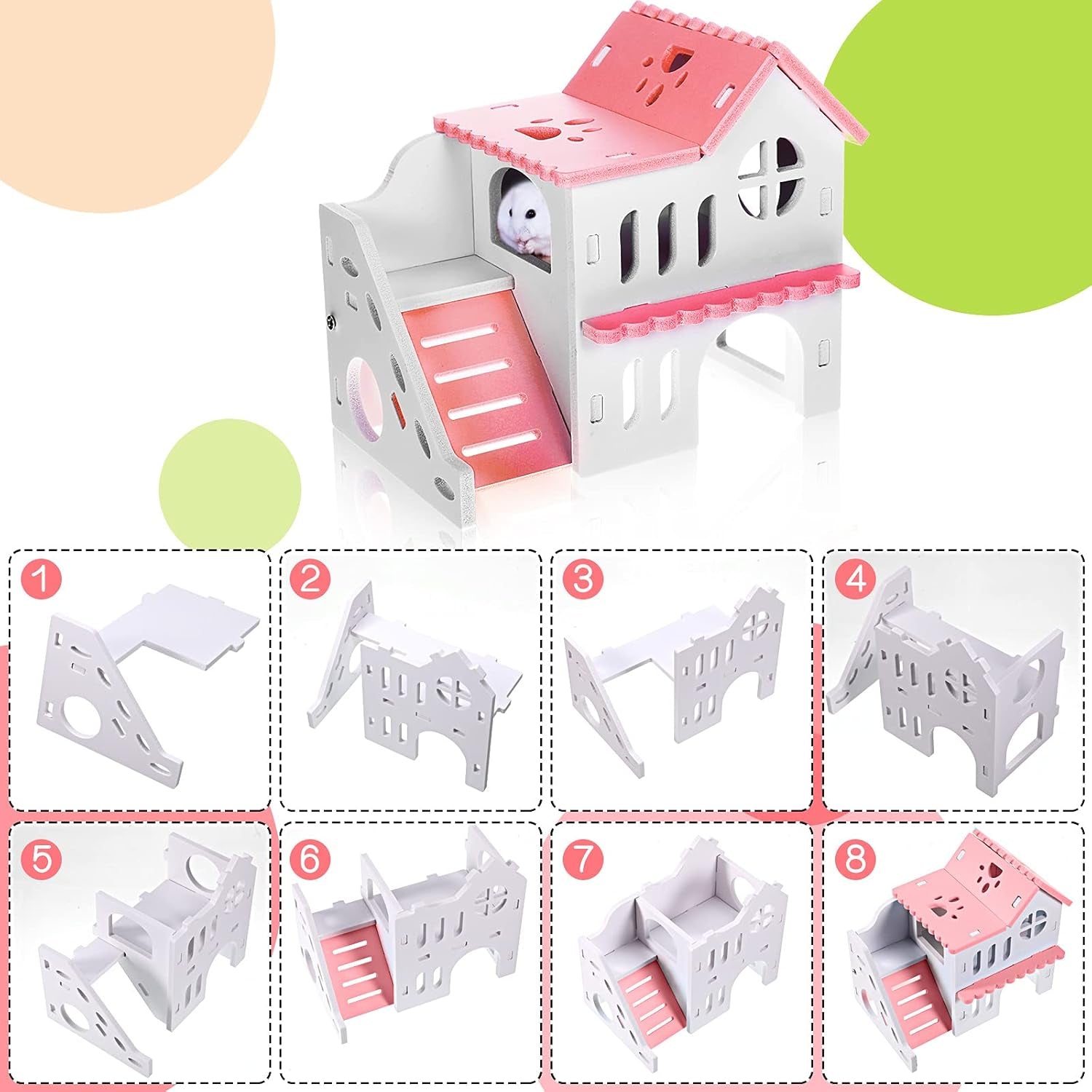 5 Pcs Hamster Toys Include Wooden Accessories Hamster House Guinea Pig Hideout Rainbow Bridge Seesaw Swing Exercise Circle Cage Toy for Small Animals(6.3 X 3.93 X 5.5 Inch,Pink)