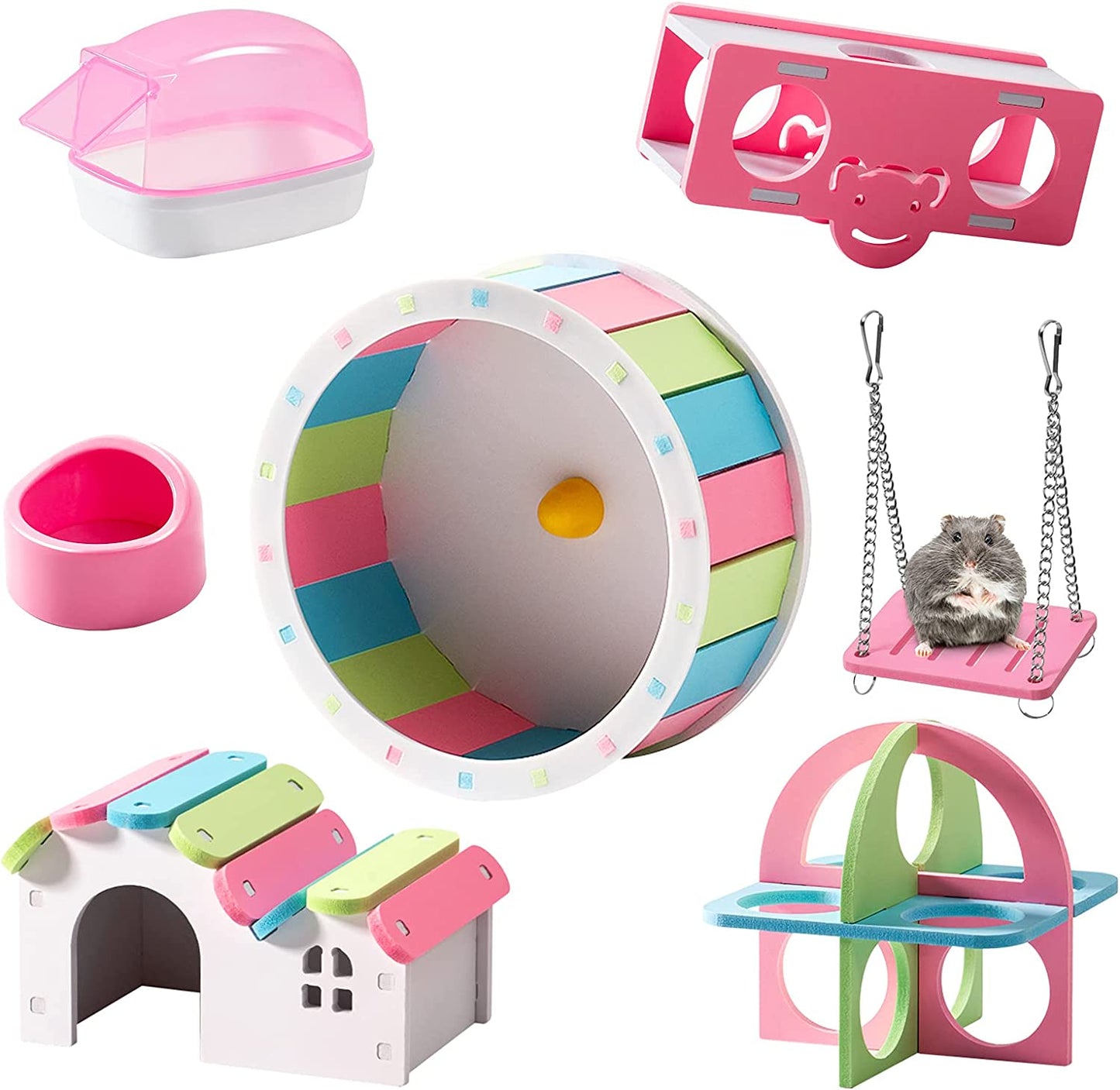 Hamster Exercise Wheel Hamster Chew Toys Hamster Accessories Hamster Houses Plastic Sand Bath 7 Pack - Pink