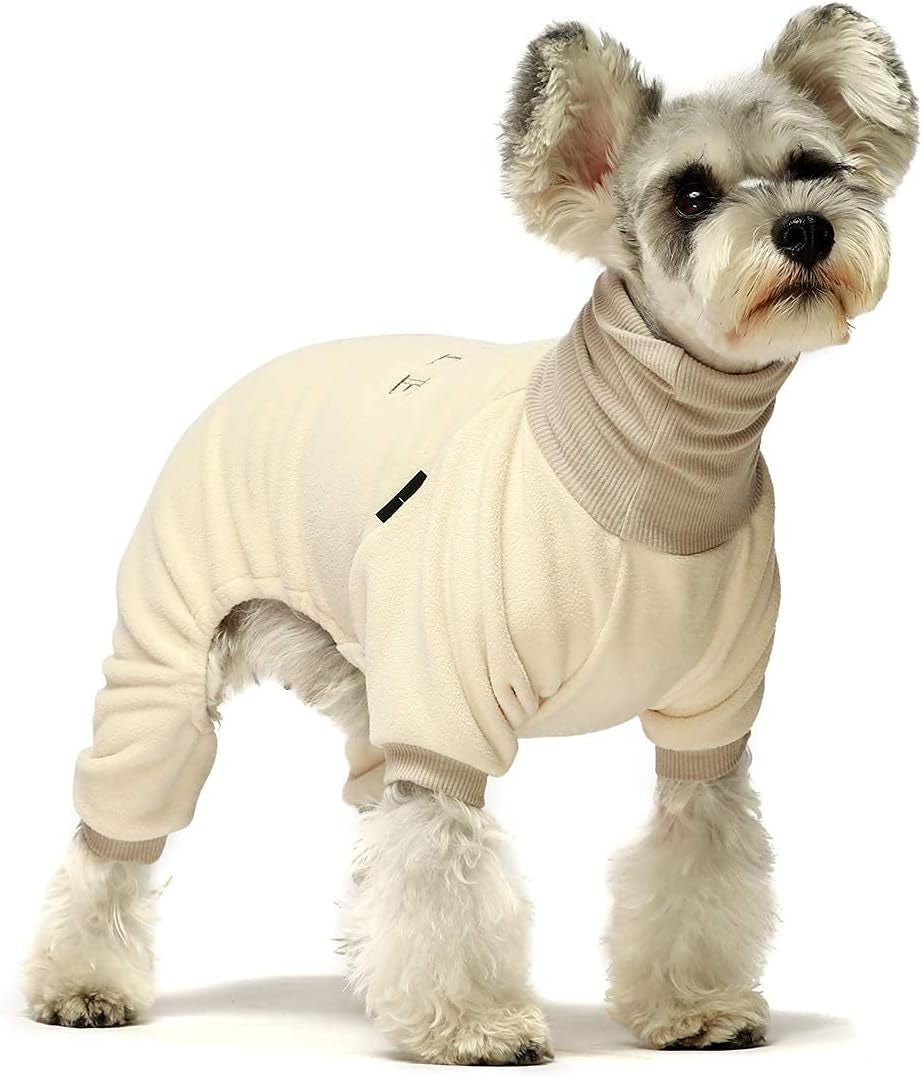Embroidery Dog Clothes Turtleneck Thermal Fleece Puppy Pajamas Doggie Outfits Cat Onesies Jumpsuits Beige Large