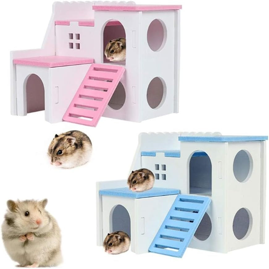 Wooden Hamster House Fun Slide Hideout Hut Rat Hideaway Exercise Toys for for Small Animals like Dwarf Hamster and Mouse Blue(Only for Small Hamster)