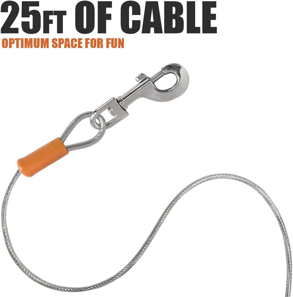 Dog Tie Out Cable 25 Feet - Heavy Duty Dog Lead up to 90 Pounds - Reflective & Rust-Free with Quick Release Swivel Clips & 360° Rotating Clasp - Tangle-Free Dogs Runner for Yard (Silver, Single)