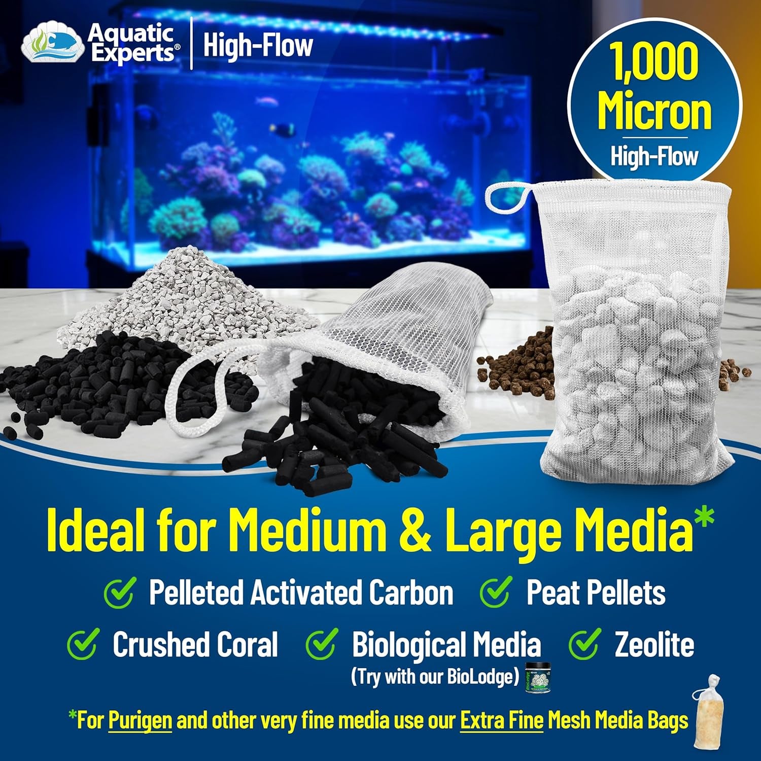 High Flow Filter Media Bag - Durable Filter Bags for Fish Tank, Secure Aquarium Media Bag with Drawstring, Media Bags for Aquarium and Pond, High Flow (White), 3” X 8” - 4 Pack