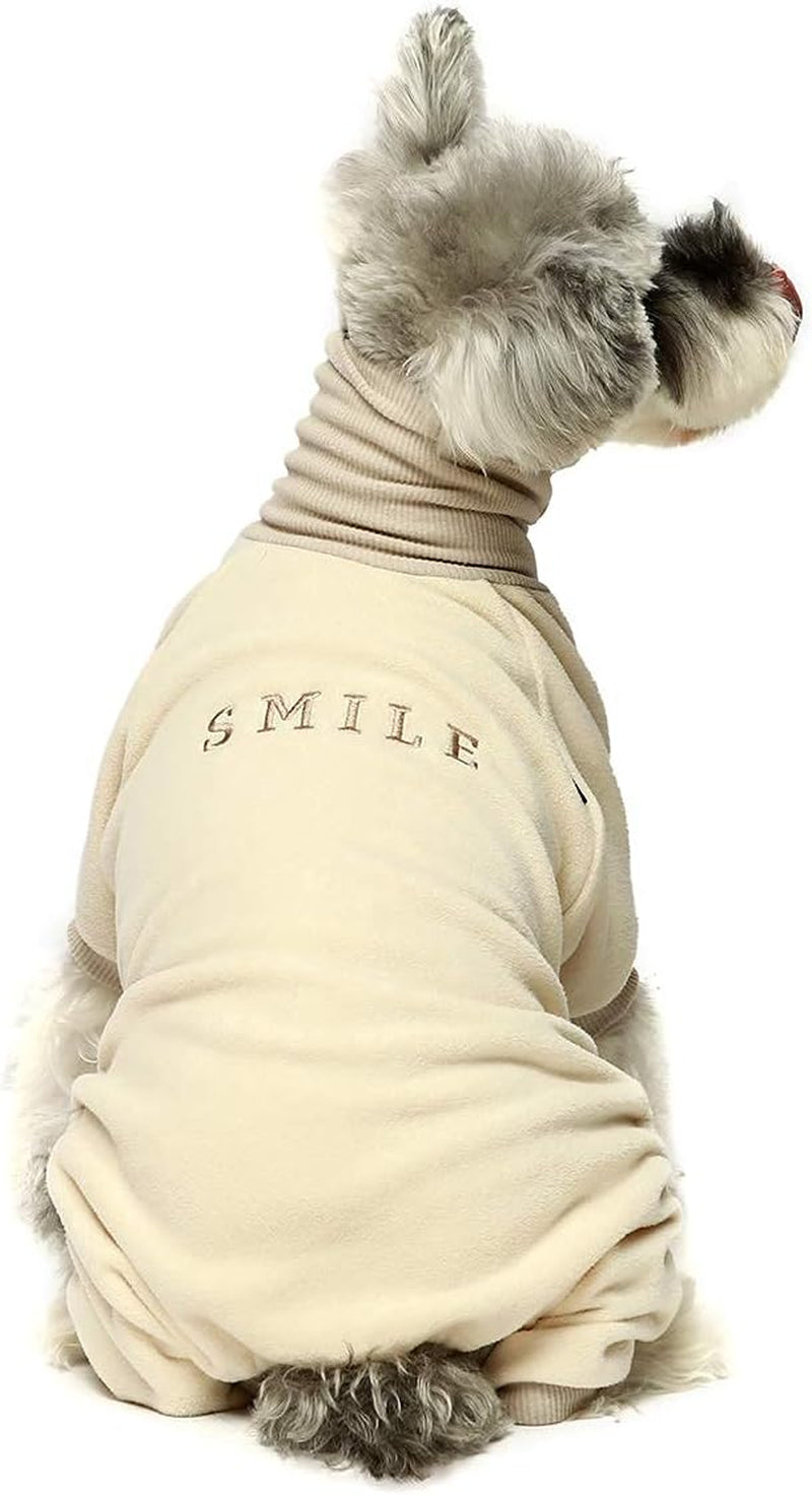 Embroidery Dog Clothes Turtleneck Thermal Fleece Puppy Pajamas Doggie Outfits Cat Onesies Jumpsuits Beige Large