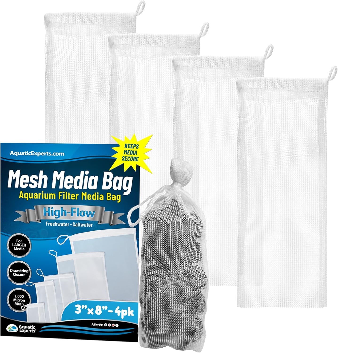 High Flow Filter Media Bag - Durable Filter Bags for Fish Tank, Secure Aquarium Media Bag with Drawstring, Media Bags for Aquarium and Pond, High Flow (White), 3” X 8” - 4 Pack