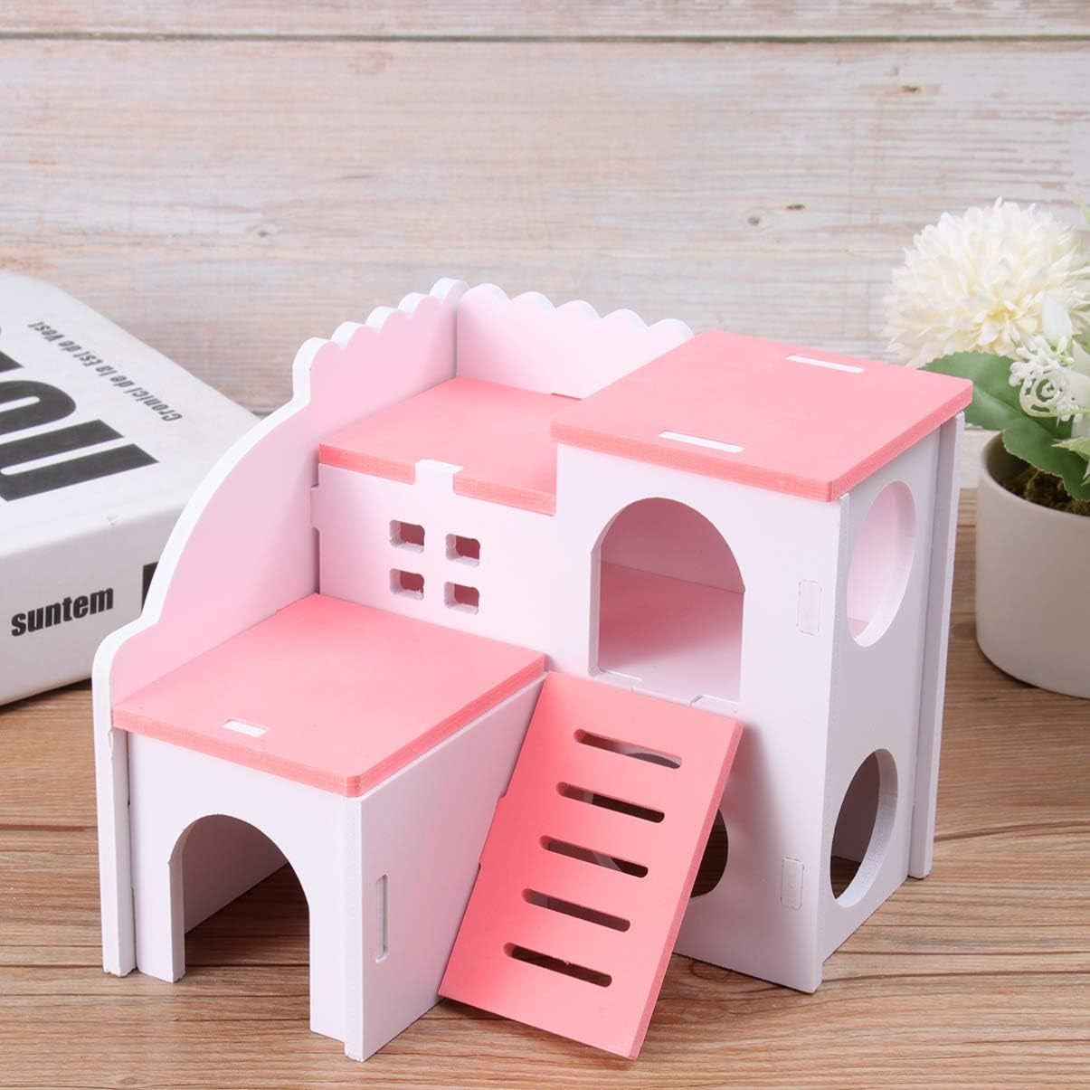 Wooden Hamster House - Double Layers Small Pet Playground with Slide, Hamster Hideout Hut Play Toys for Dwarf Hamster, Mouse, Rat and Other Small Animals ()