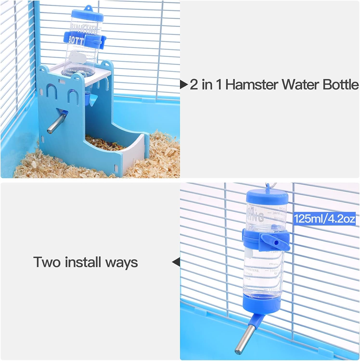 Hamster Exercise Wheel Hamster Chew Toys Hamster Accessories with 2 in 1 Hamster Water Bottle 7 Pack (Blue)