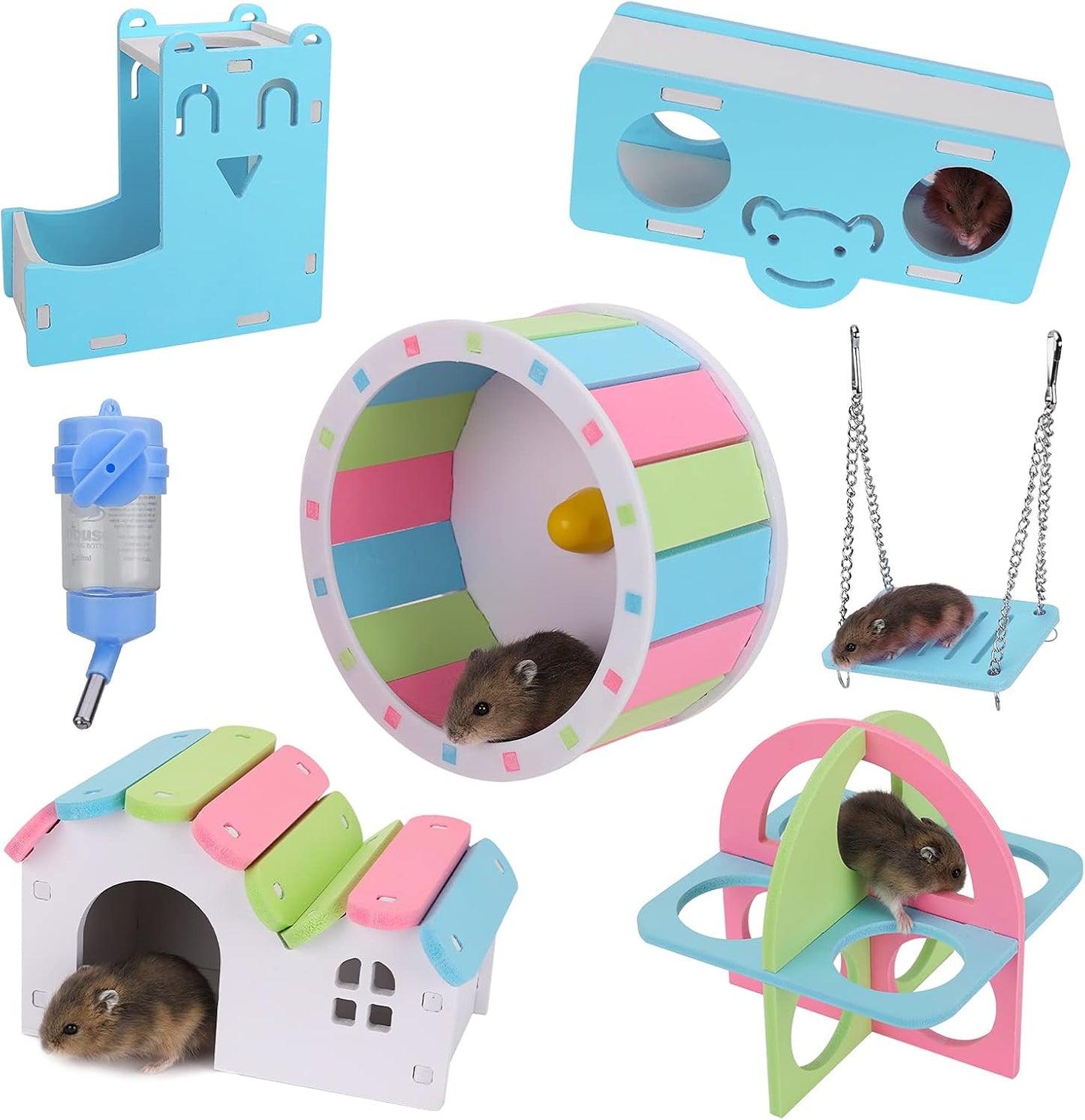 Hamster Toys Wheel Cage Accessories for Dwarf Hamster Wooden House Hideout Syrian Hamster Exercise Wheel Water Bottle with Holder