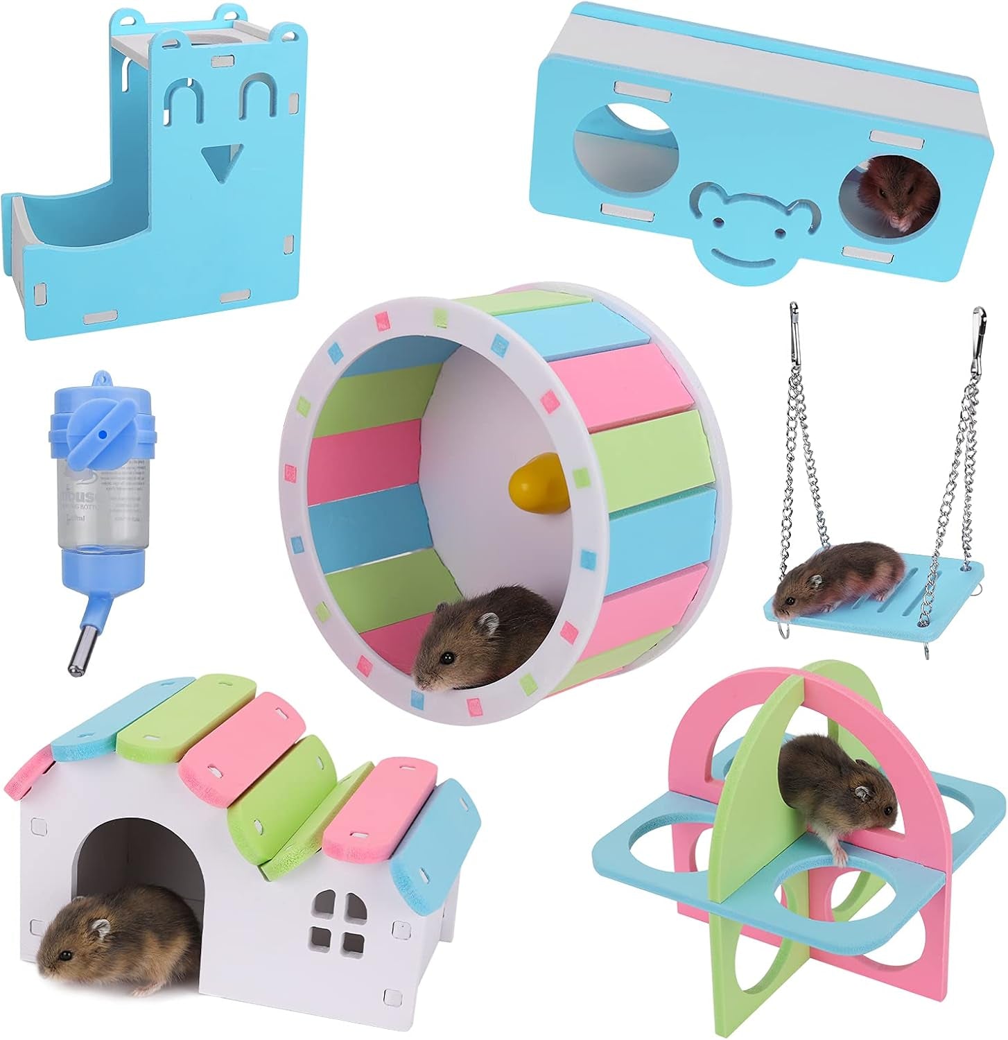 Hamster Toys Wheel Cage Accessories for Dwarf Hamster Wooden House Hideout Syrian Hamster Exercise Wheel Water Bottle with Holder