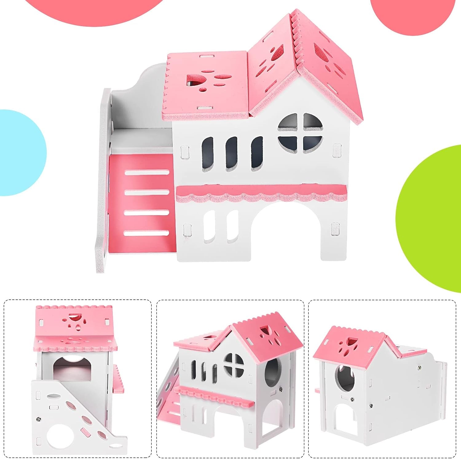 5 Pcs Hamster Toys Include Wooden Accessories Hamster House Guinea Pig Hideout Rainbow Bridge Seesaw Swing Exercise Circle Cage Toy for Small Animals(6.3 X 3.93 X 5.5 Inch,Pink)