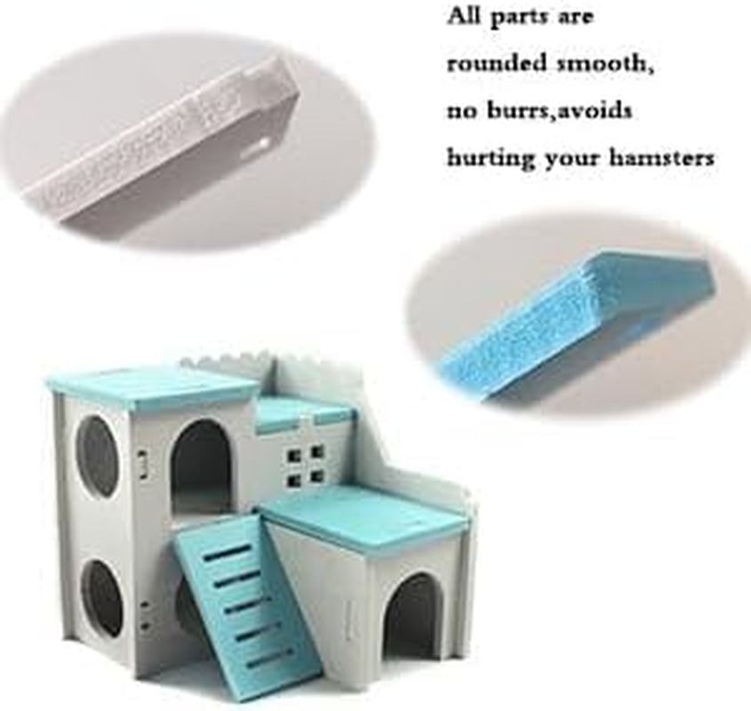 Wooden Hamster House Fun Slide Hideout Hut Rat Hideaway Exercise Toys for for Small Animals like Dwarf Hamster and Mouse Blue(Only for Small Hamster)