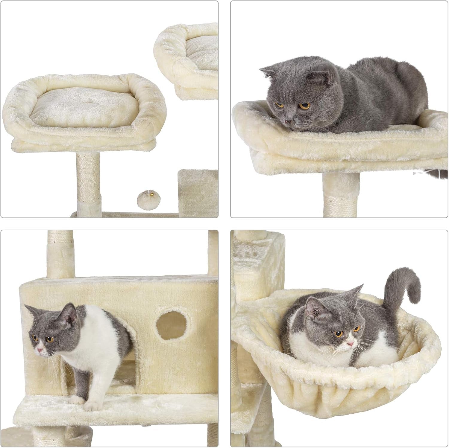 Cat Tree for Large Cats, Cat Tower with Scratching Posts, 2 Padded Plush Perches, Big Condo and Cozy Basket, Beige MPJ025M