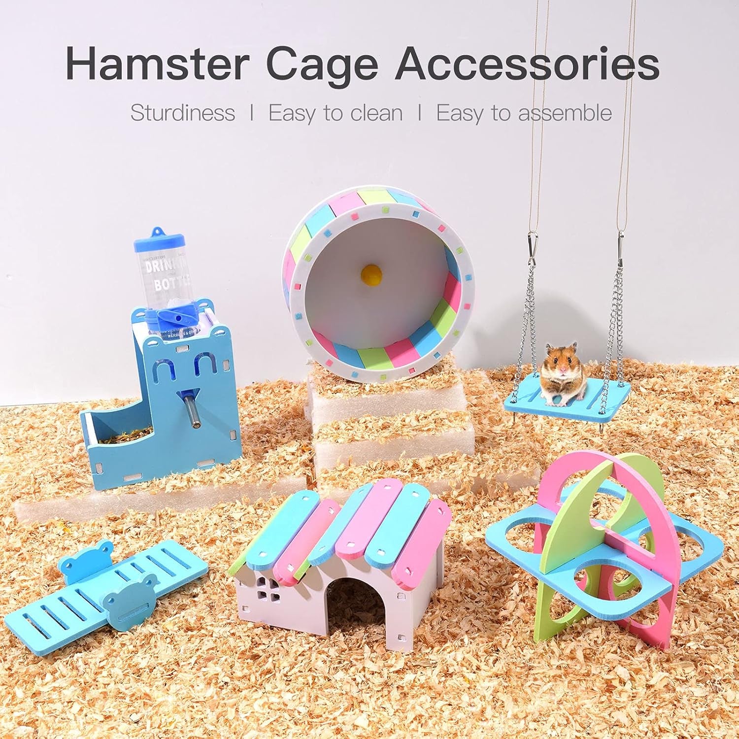 Hamster Exercise Wheel Hamster Chew Toys Hamster Accessories with 2 in 1 Hamster Water Bottle 7 Pack (Blue)
