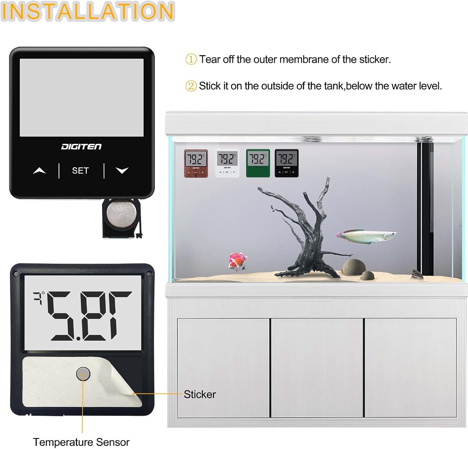 Aquarium Thermometer Digital Fish Tank Thermometer with Large LCD Display Stick on Water Terrarium Temperature Sensor Gauge for Reptiles Turtle Amphibians