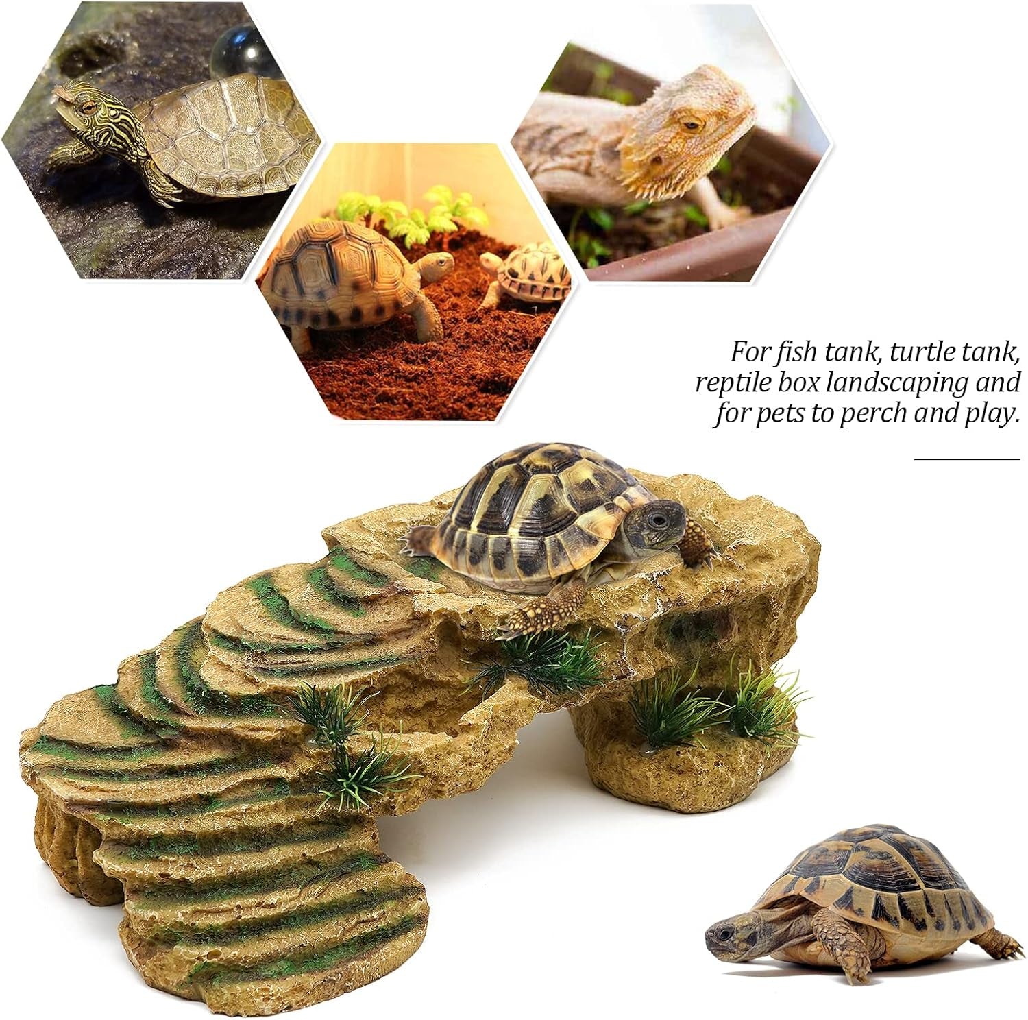 Turtle Basking Platform Reptile Terrarium Hideout Tortoise Resin Rock Hide Cave Habitat Ornament for Bearded Dragon Frogs Lizards Spiders Fish Amphibians Aquarium, Large