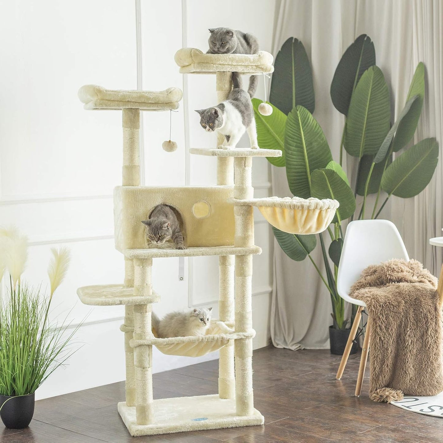 Cat Tree for Large Cats, Cat Tower with Scratching Posts, 2 Padded Plush Perches, Big Condo and Cozy Basket, Beige MPJ025M