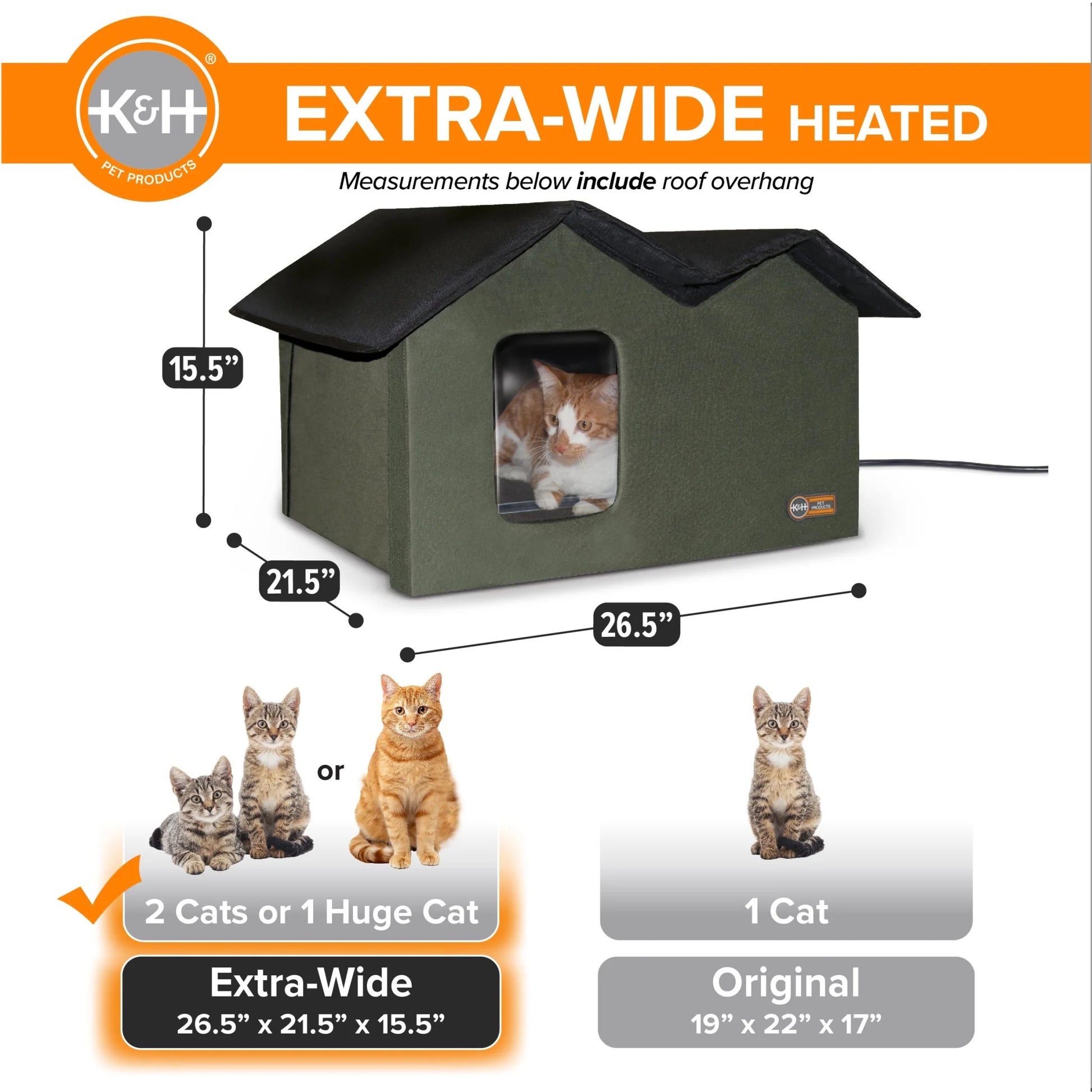 Outdoor Heated Kitty House for Cats, Extra-Wide Olive/Black