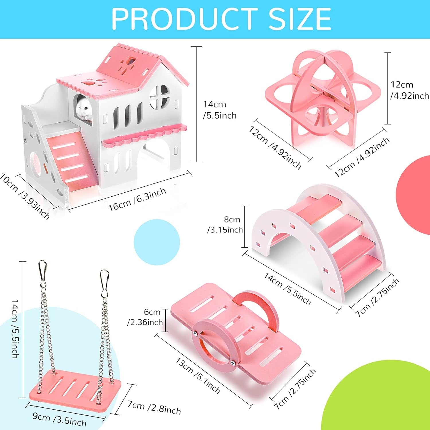 5 Pcs Hamster Toys Include Wooden Accessories Hamster House Guinea Pig Hideout Rainbow Bridge Seesaw Swing Exercise Circle Cage Toy for Small Animals(6.3 X 3.93 X 5.5 Inch,Pink)