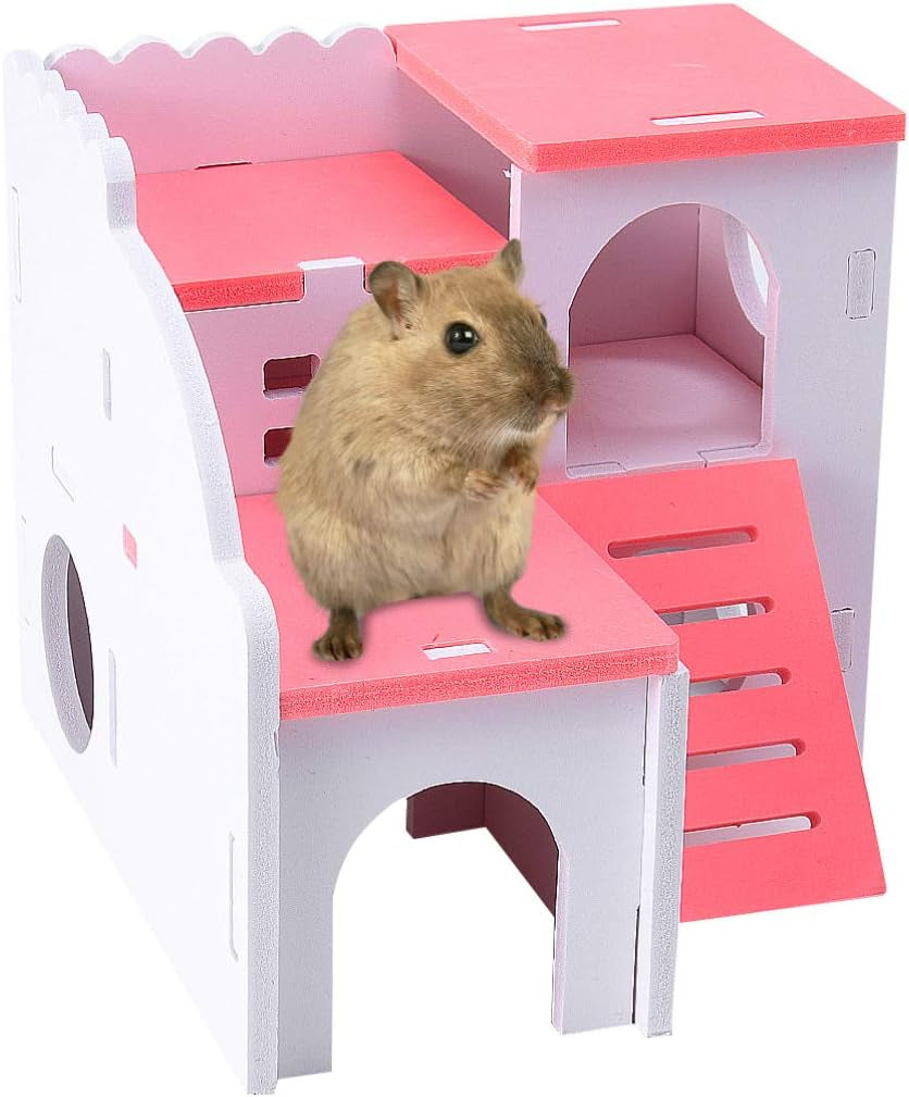 Wooden Hamster House - Double Layers Small Pet Playground with Slide, Hamster Hideout Hut Play Toys for Dwarf Hamster, Mouse, Rat and Other Small Animals ()