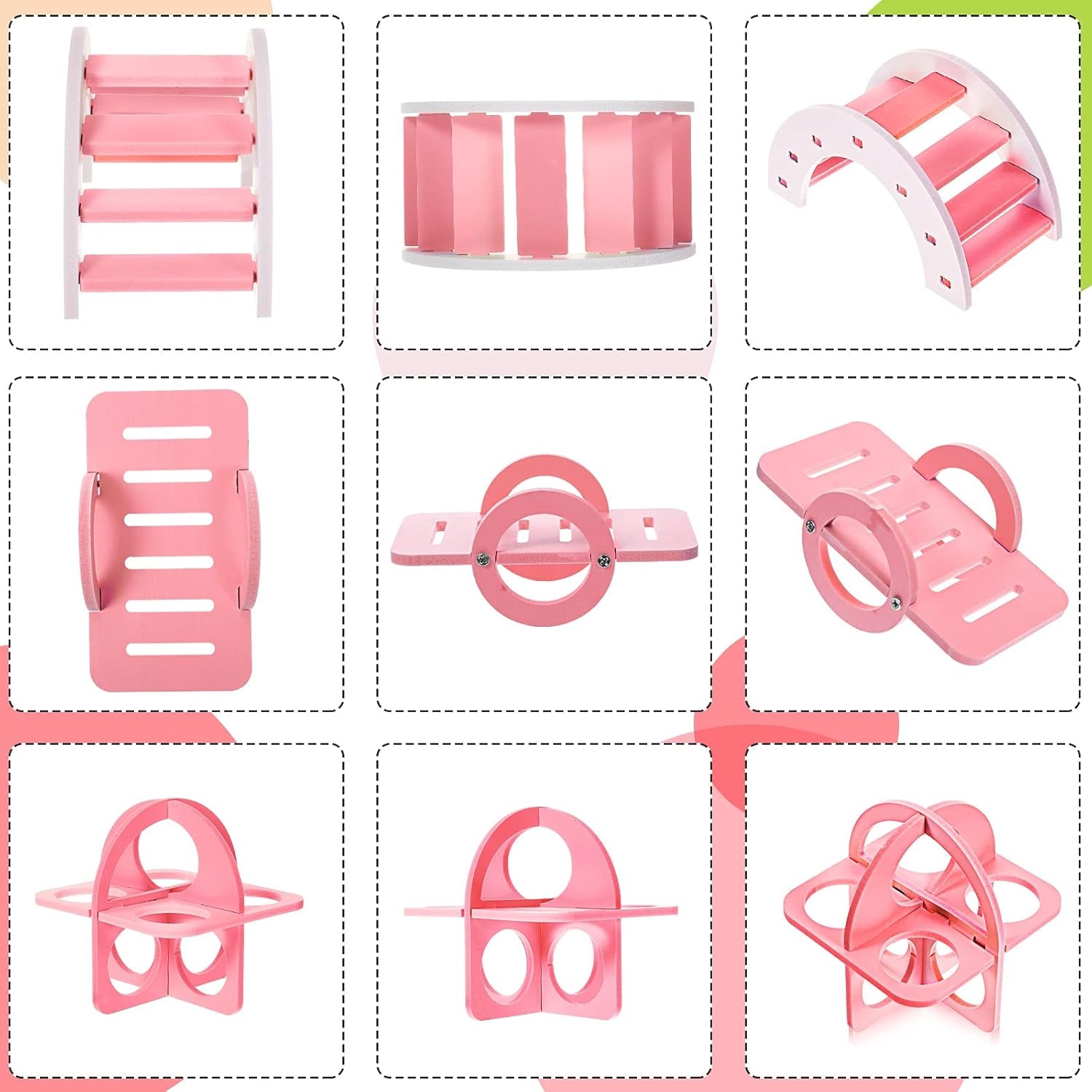 5 Pcs Hamster Toys Include Wooden Accessories Hamster House Guinea Pig Hideout Rainbow Bridge Seesaw Swing Exercise Circle Cage Toy for Small Animals(6.3 X 3.93 X 5.5 Inch,Pink)