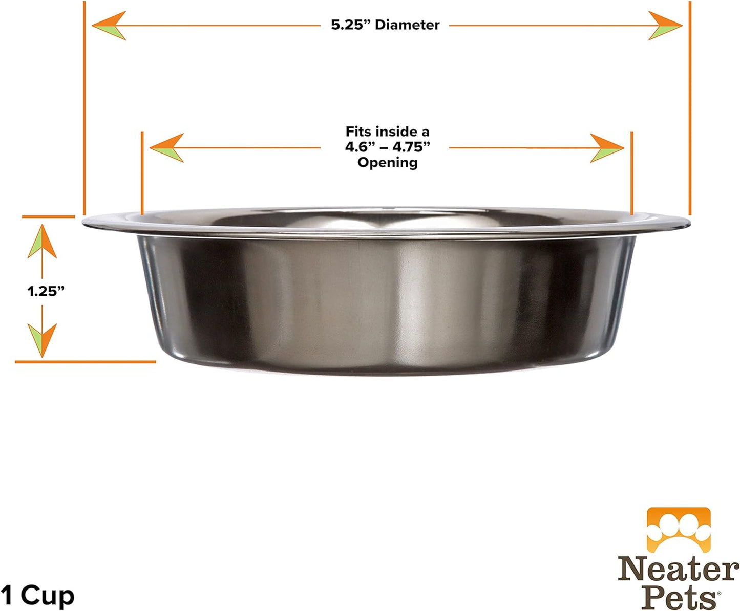 1 Cup (8 Oz.) Shallow Stainless Steel Cat Bowls, Set of 2 Neater Feeder Replacement Bowls (Express & Deluxe), Metal Cat Dishes for Food and Water, Whisker Friendly, Dishwasher Safe