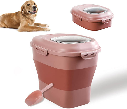 Large Sized Pet Food Storage Container with Lid, Foldable Snaps Closed Storage Bin with Food Scoop for Dog and Cat Food, 35LB Capacity Durable Airtight Rice Container Bucket with Wheels (Pink)