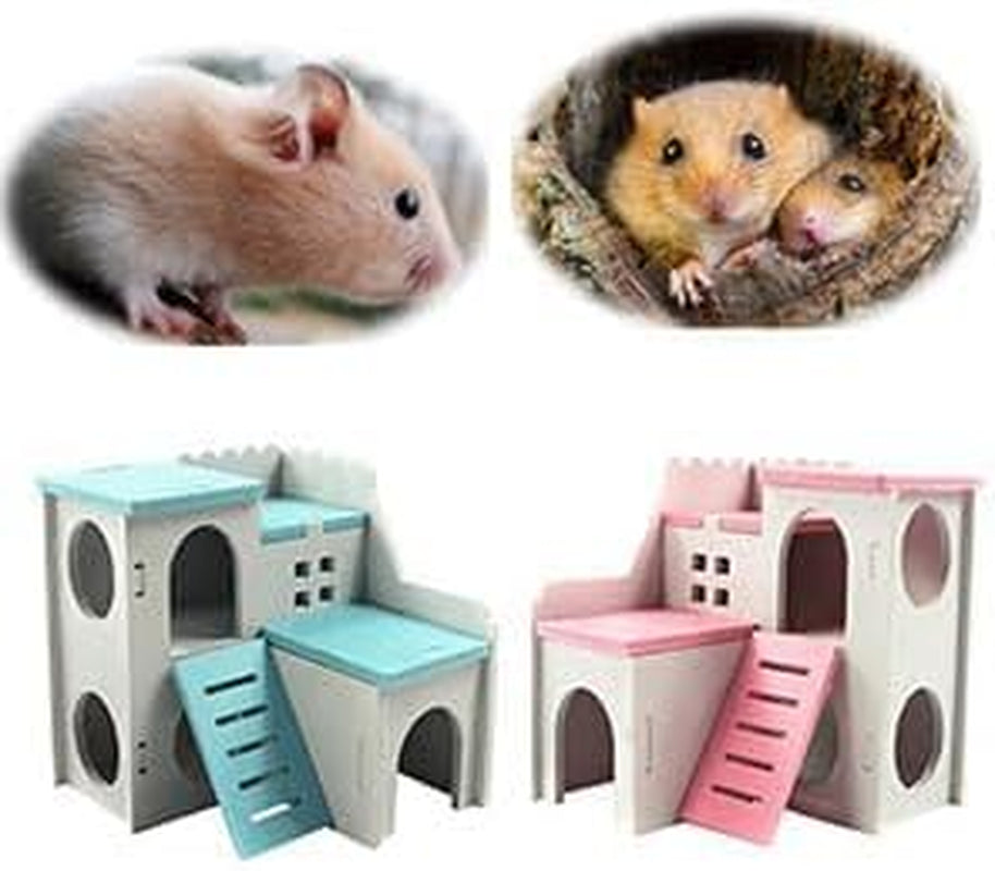 Wooden Hamster House Fun Slide Hideout Hut Rat Hideaway Exercise Toys for for Small Animals like Dwarf Hamster and Mouse Blue(Only for Small Hamster)