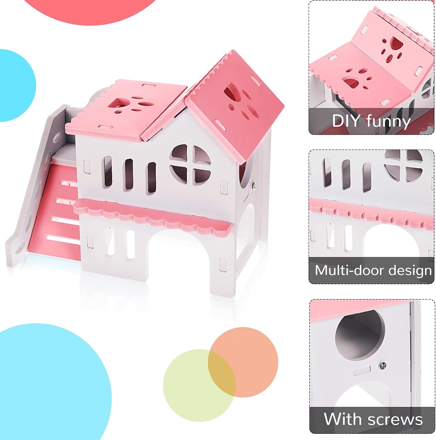 5 Pcs Hamster Toys Include Wooden Accessories Hamster House Guinea Pig Hideout Rainbow Bridge Seesaw Swing Exercise Circle Cage Toy for Small Animals(6.3 X 3.93 X 5.5 Inch,Pink)