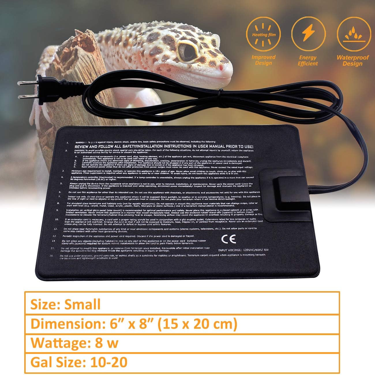 Reptile Heating Pad - 6X8Inch Hermit Crab Heater Heat Mat for Reptiles Snake Lizard Terrarium 8 Watt 2Pack