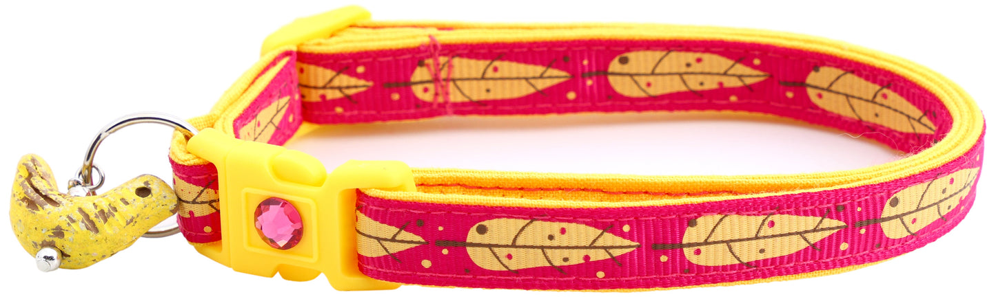 Yellow Bird Feathers on Bright Pink Cat Collar