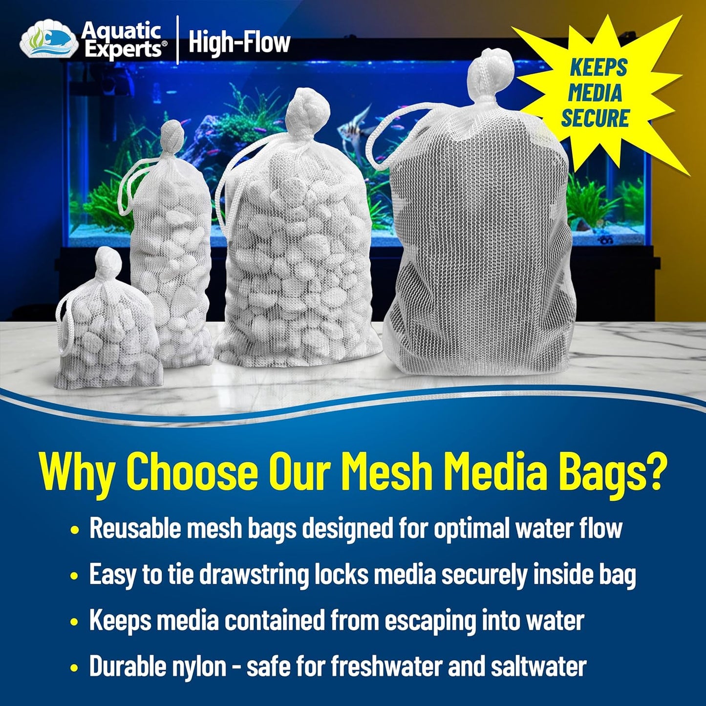 High Flow Filter Media Bag - Durable Filter Bags for Fish Tank, Secure Aquarium Media Bag with Drawstring, Media Bags for Aquarium and Pond, High Flow (White), 3” X 8” - 4 Pack
