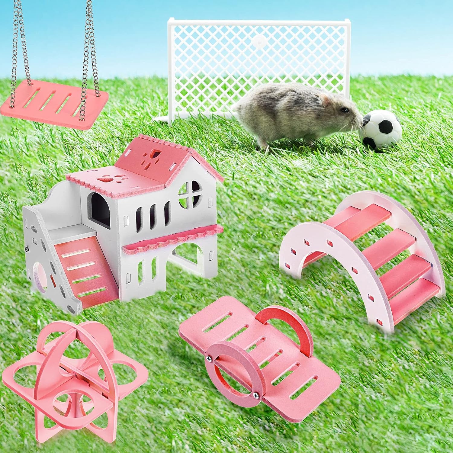 5 Pcs Hamster Toys Include Wooden Accessories Hamster House Guinea Pig Hideout Rainbow Bridge Seesaw Swing Exercise Circle Cage Toy for Small Animals(6.3 X 3.93 X 5.5 Inch,Pink)