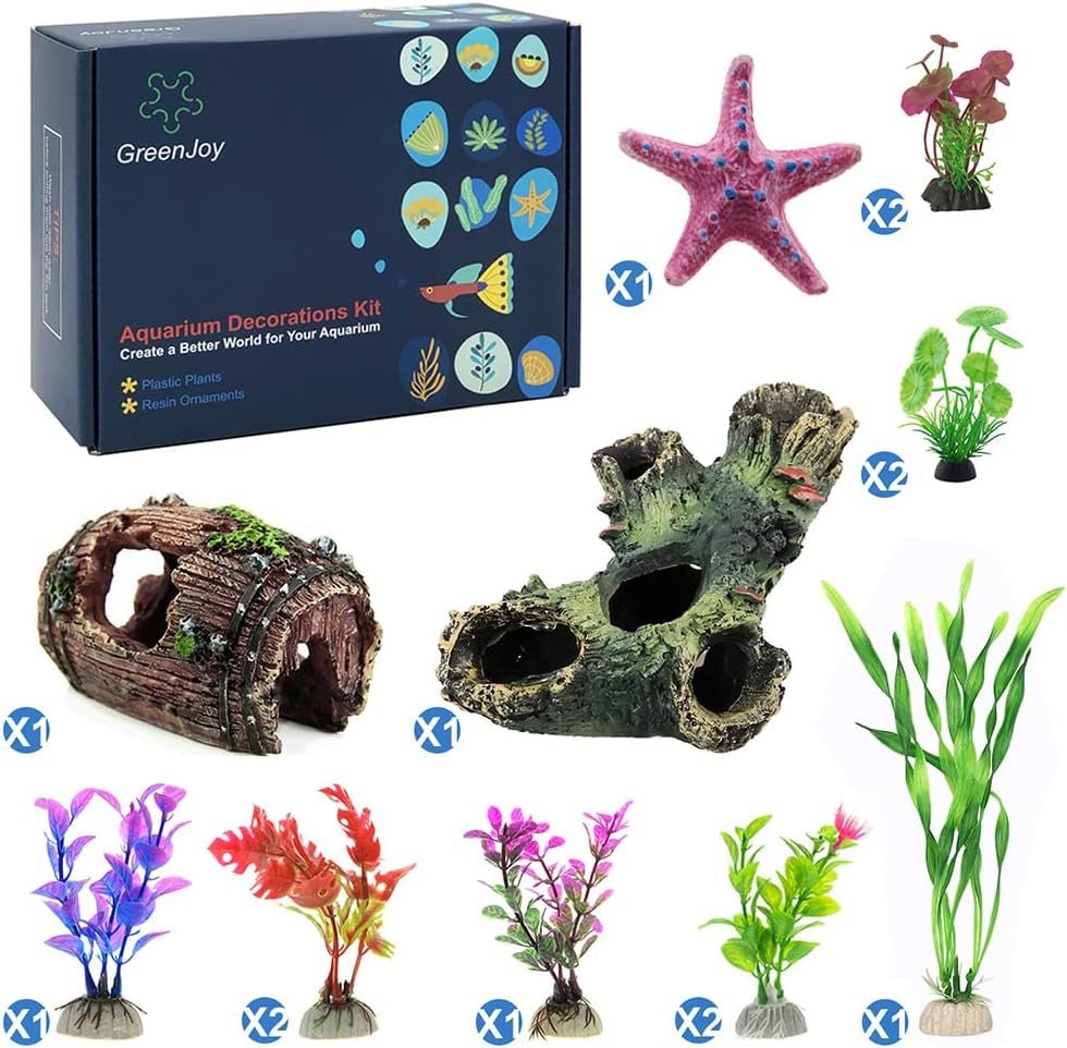 Aquarium Decorations Fish-Tank Accessories Plants - Fish Tank Decor Kit with Artificial Plants and Hideouts Ornaments