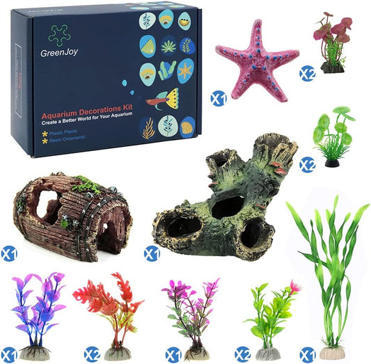 Aquarium Decorations Fish-Tank Accessories Plants - Fish Tank Decor Kit with Artificial Plants and Hideouts Ornaments