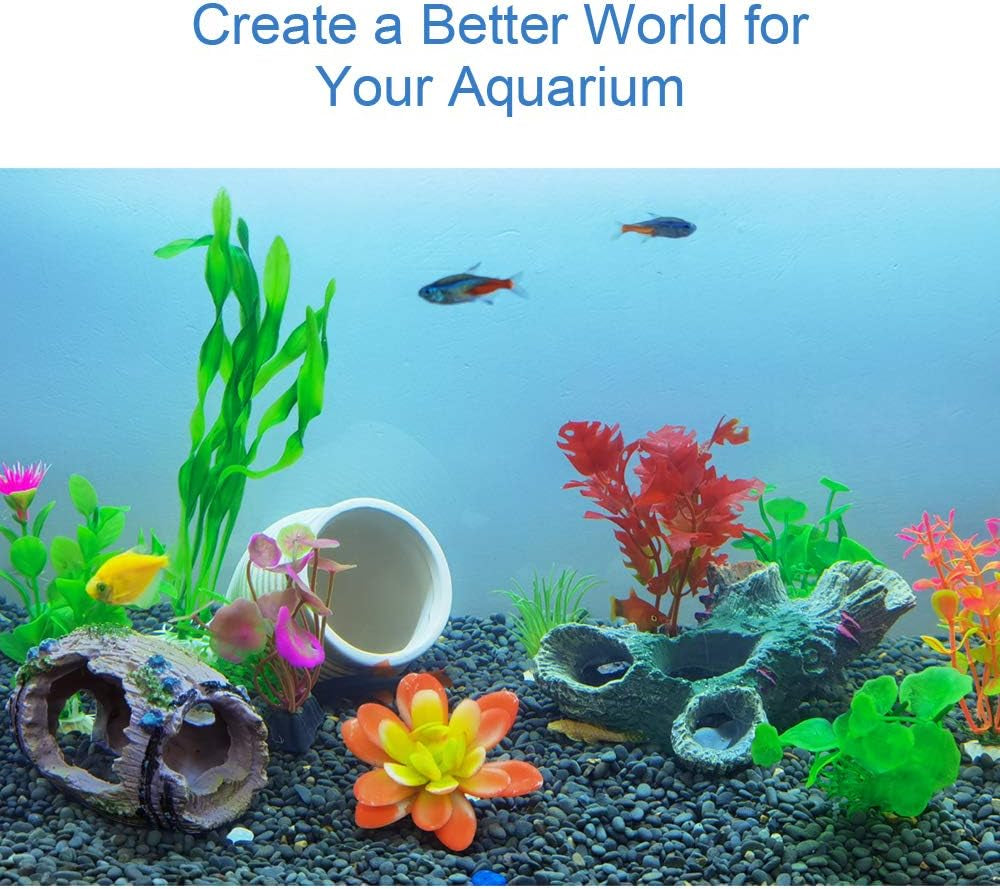 Aquarium Decorations Fish-Tank Accessories Plants - Fish Tank Decor Kit with Artificial Plants and Hideouts Ornaments