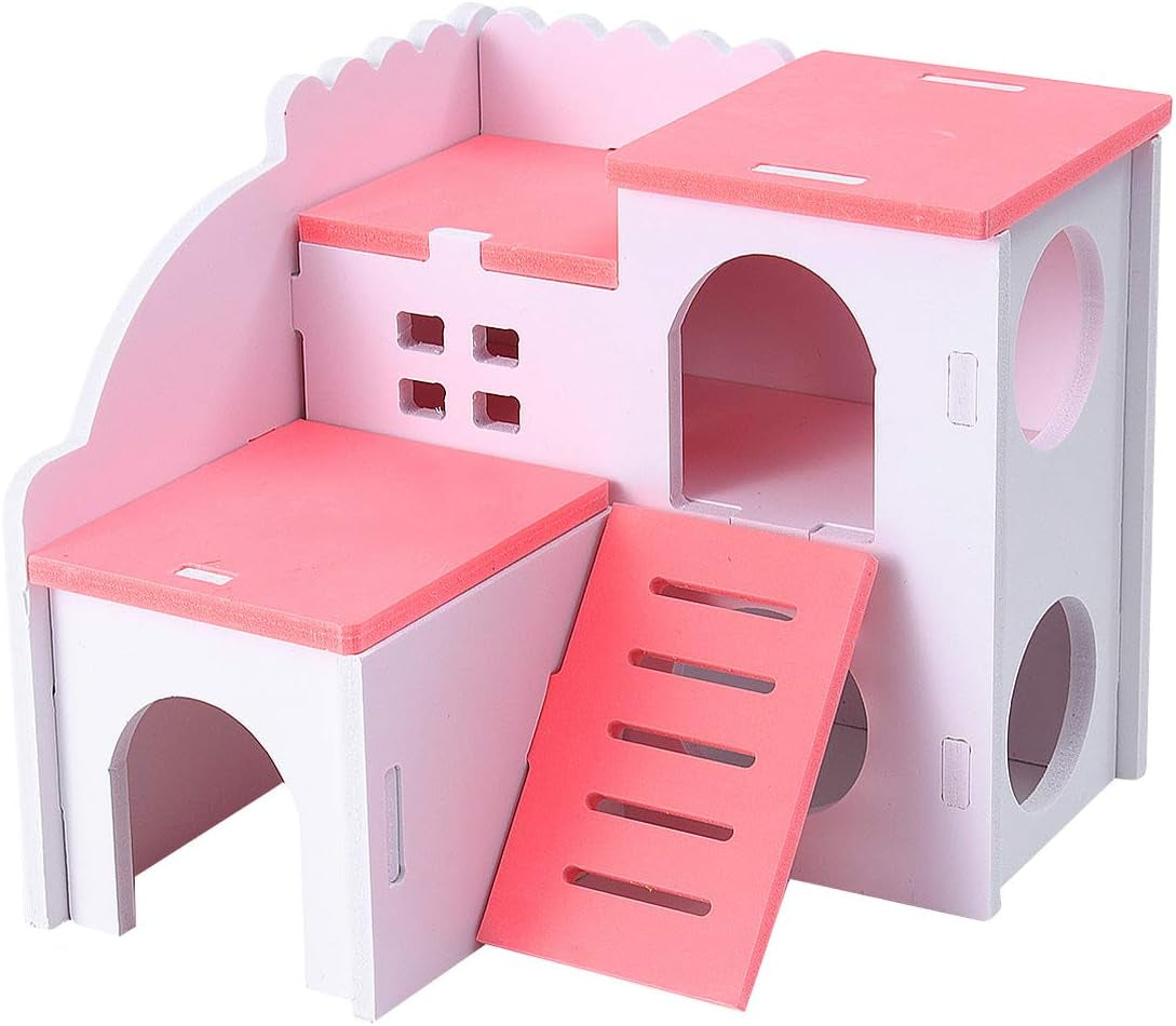Wooden Hamster House - Double Layers Small Pet Playground with Slide, Hamster Hideout Hut Play Toys for Dwarf Hamster, Mouse, Rat and Other Small Animals ()