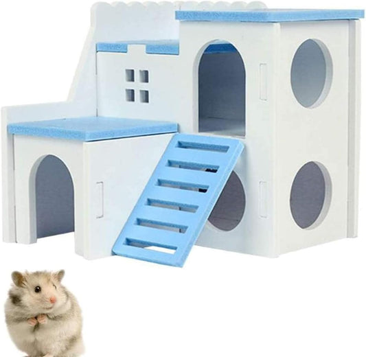 Wooden Hamster House Fun Slide Hideout Hut Rat Hideaway Exercise Toys for for Small Animals like Dwarf Hamster and Mouse Blue(Only for Small Hamster)