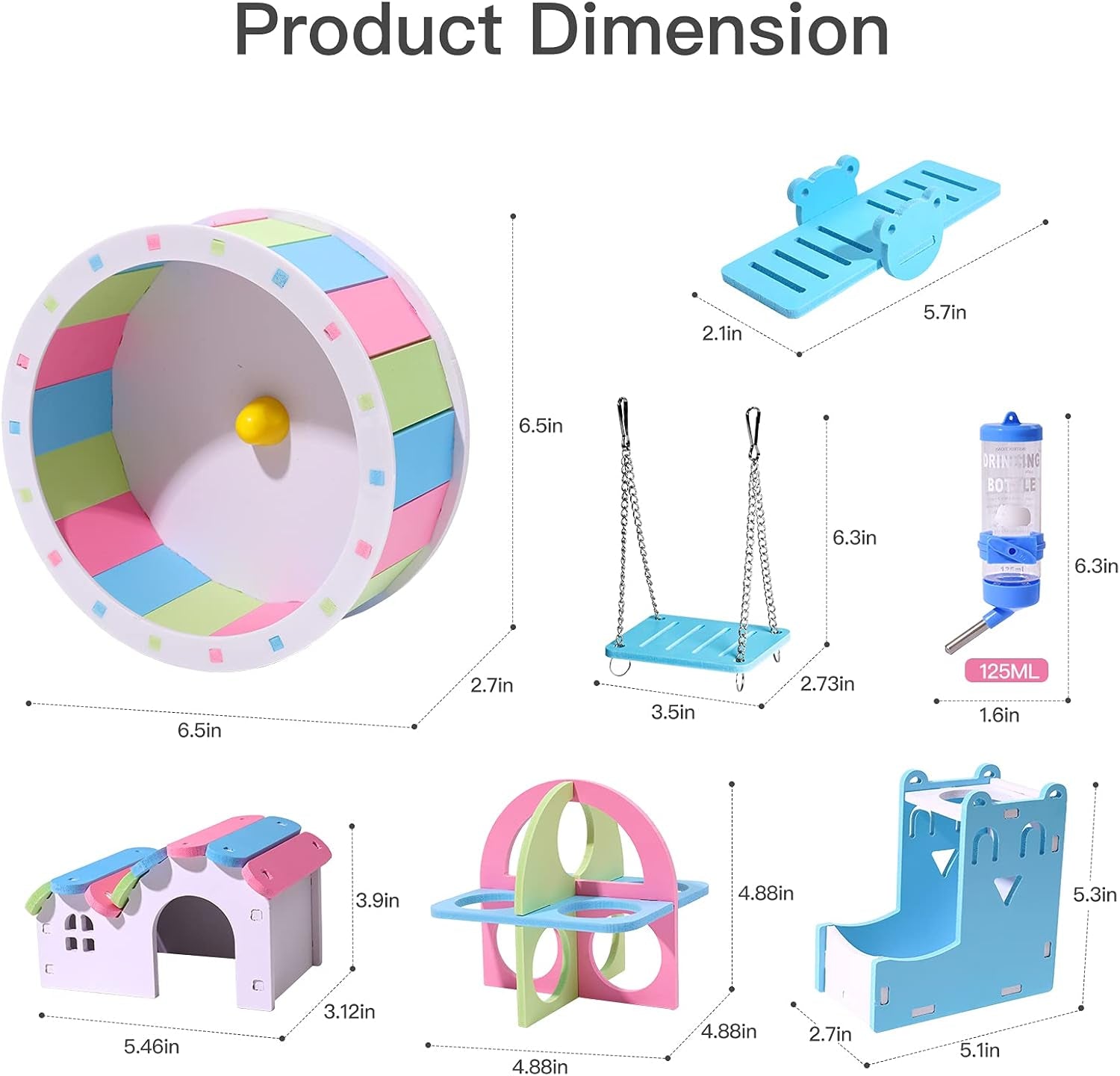 Hamster Exercise Wheel Hamster Chew Toys Hamster Accessories with 2 in 1 Hamster Water Bottle 7 Pack (Blue)