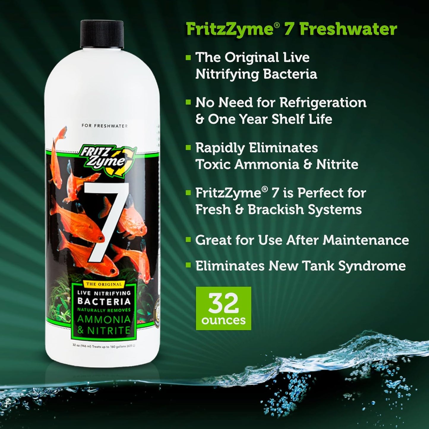 Fritzzyme 7 Live Nitrifying Bacteria Naturally Removes Amonia & Nitrite for Freshwater Fish (32-Ounce)