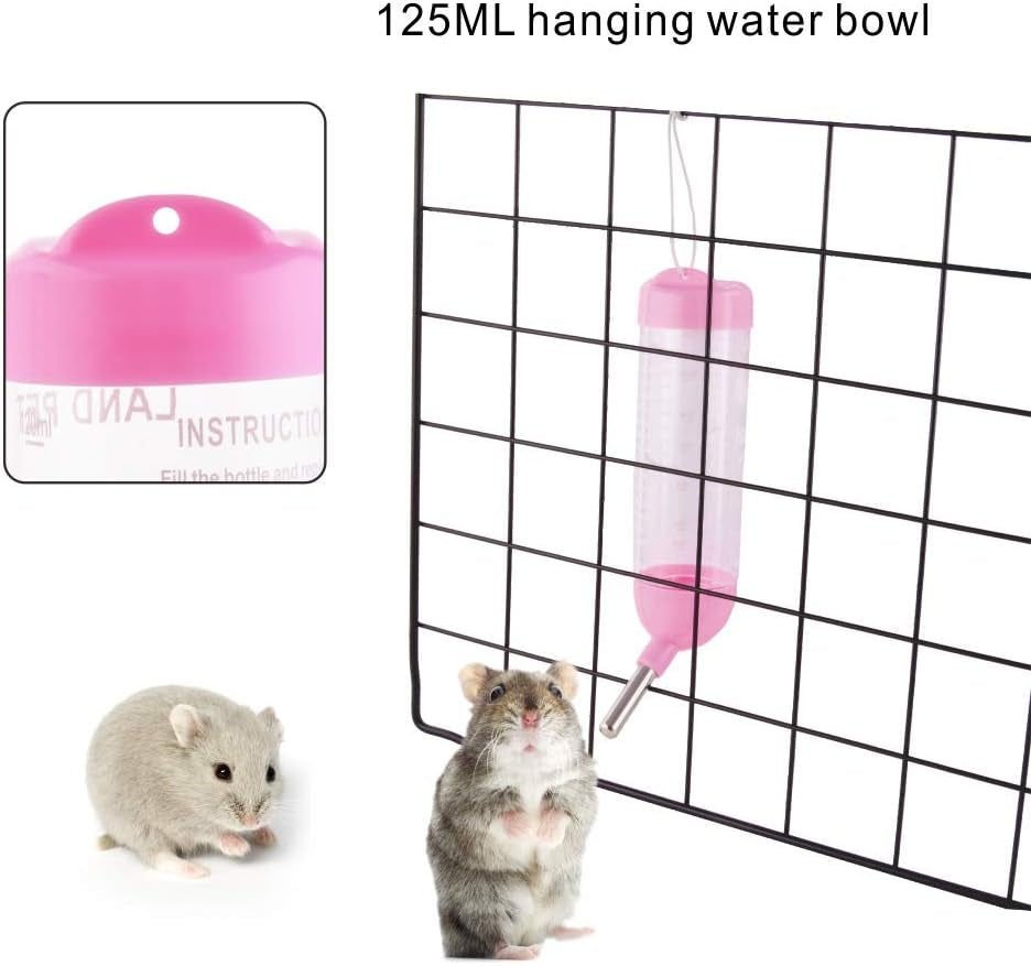 Hamster Water Bottle, Little Pet Automatic Drinking Bottle with Food Container Base Hut Hanging Water Feeding Bottles Auto Dispenser for Small Animals (125Ml,Pink)