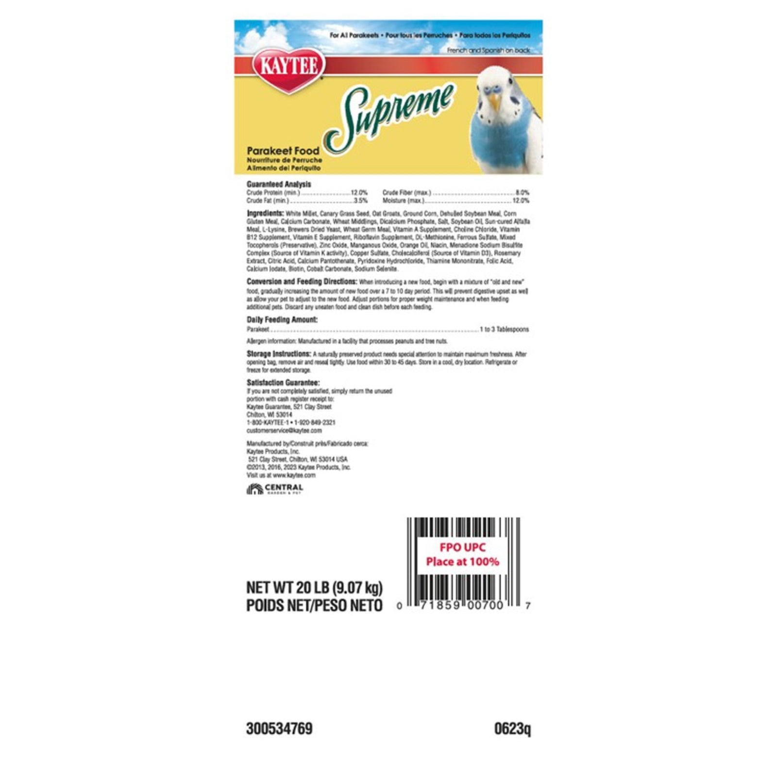 Kaytee Supreme Parakeet Food, 20Lb