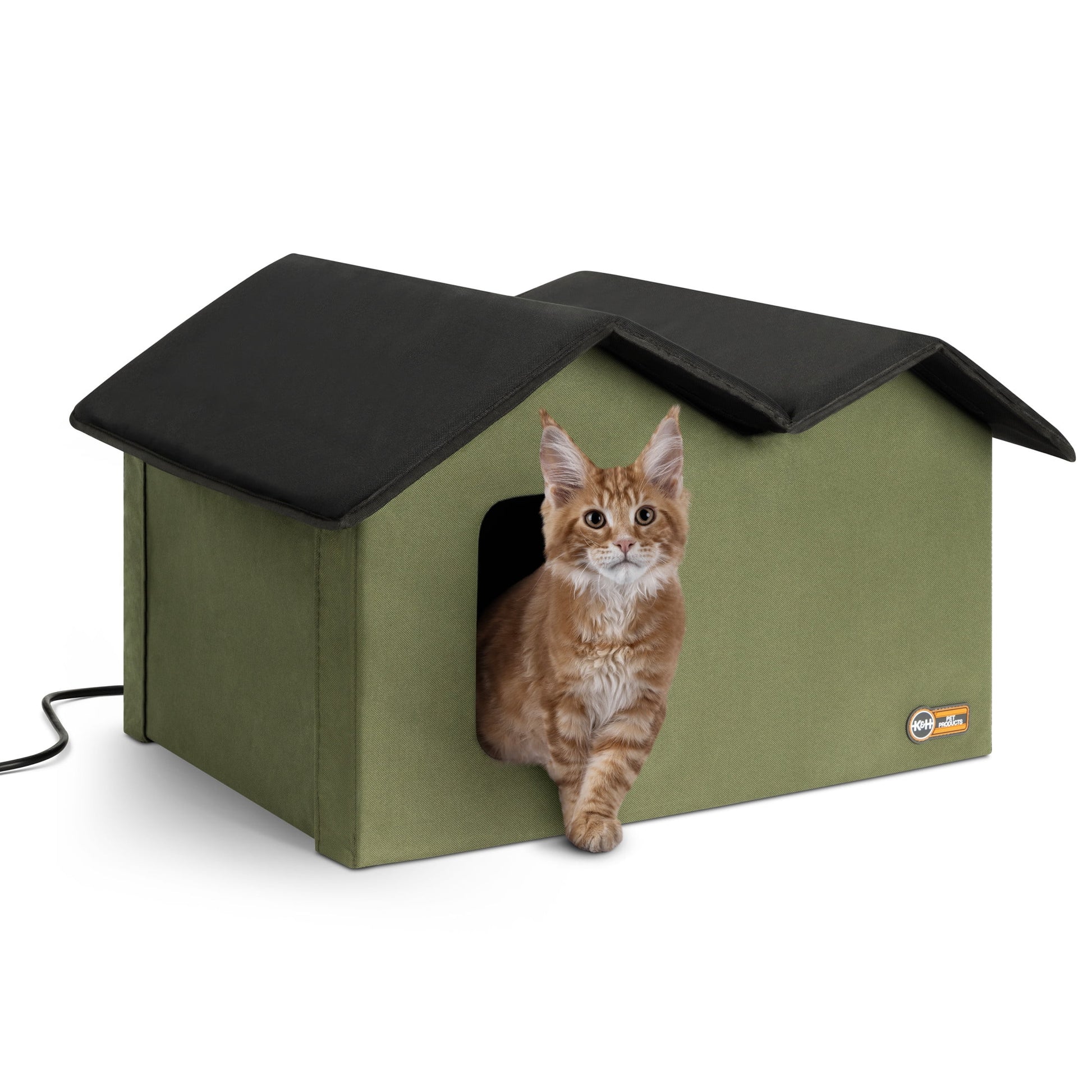 Outdoor Heated Kitty House for Cats, Extra-Wide Olive/Black