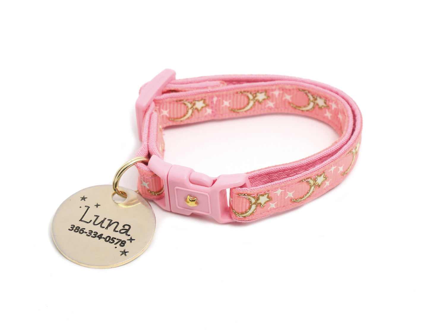 Gold Moons and Stars on Coral Pink Cat Collar