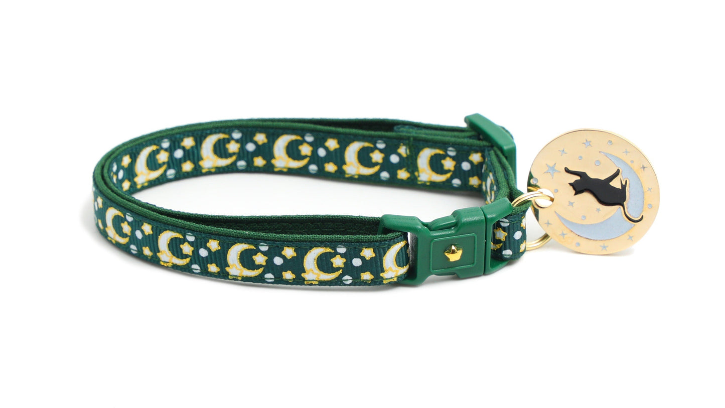 Gold Moons and Stars on Dark Green Cat Collar