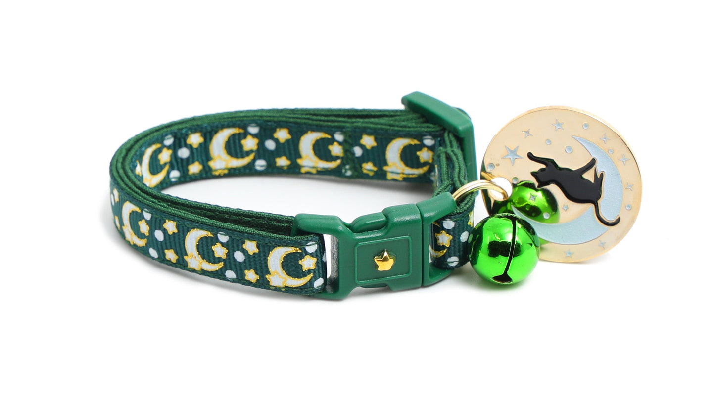 Gold Moons and Stars on Dark Green Cat Collar