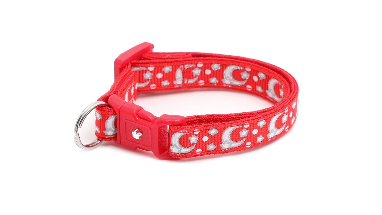 Silver Moons and Stars on Bright Red Cat Collar