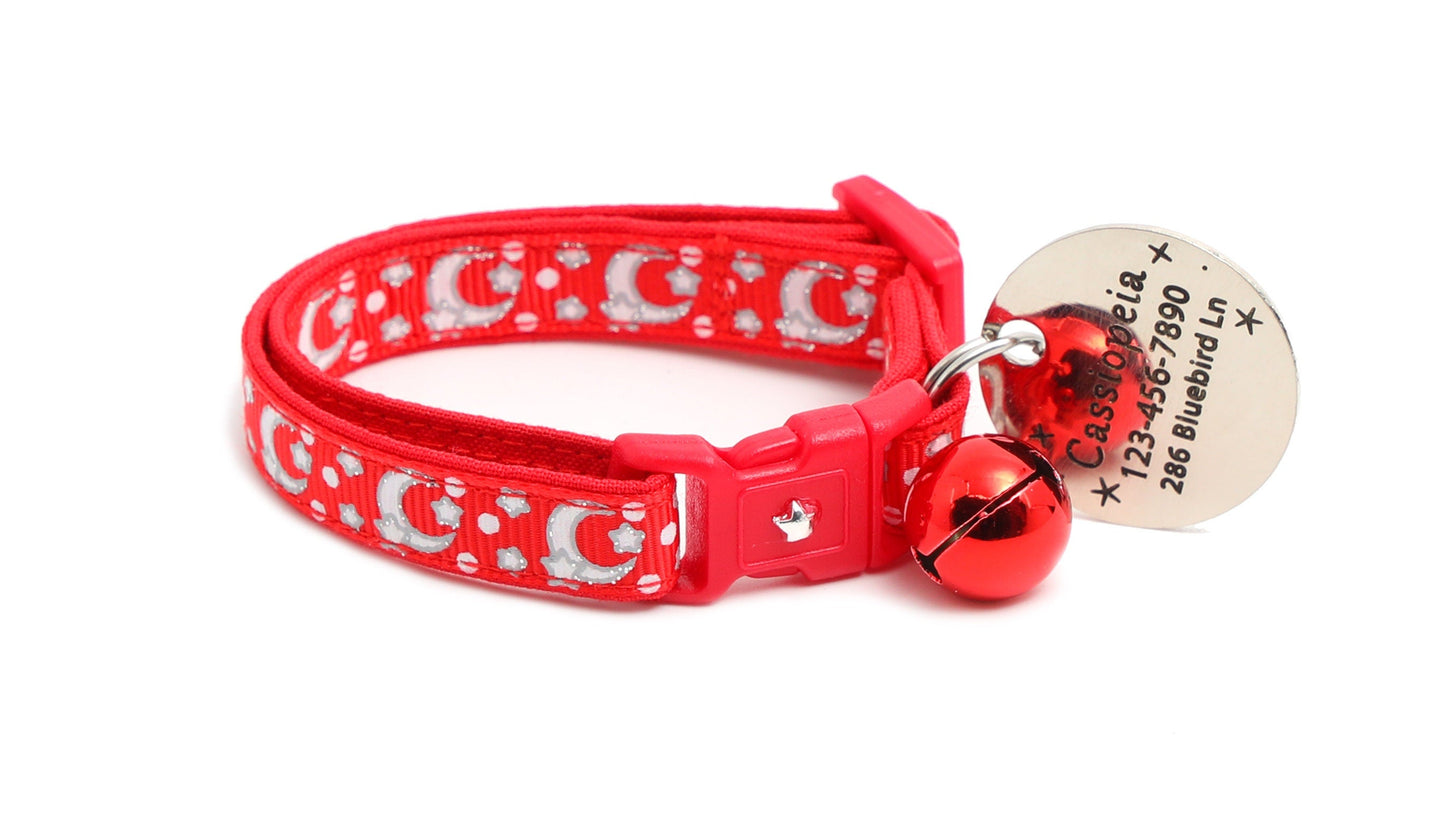 Silver Moons and Stars on Bright Red Cat Collar