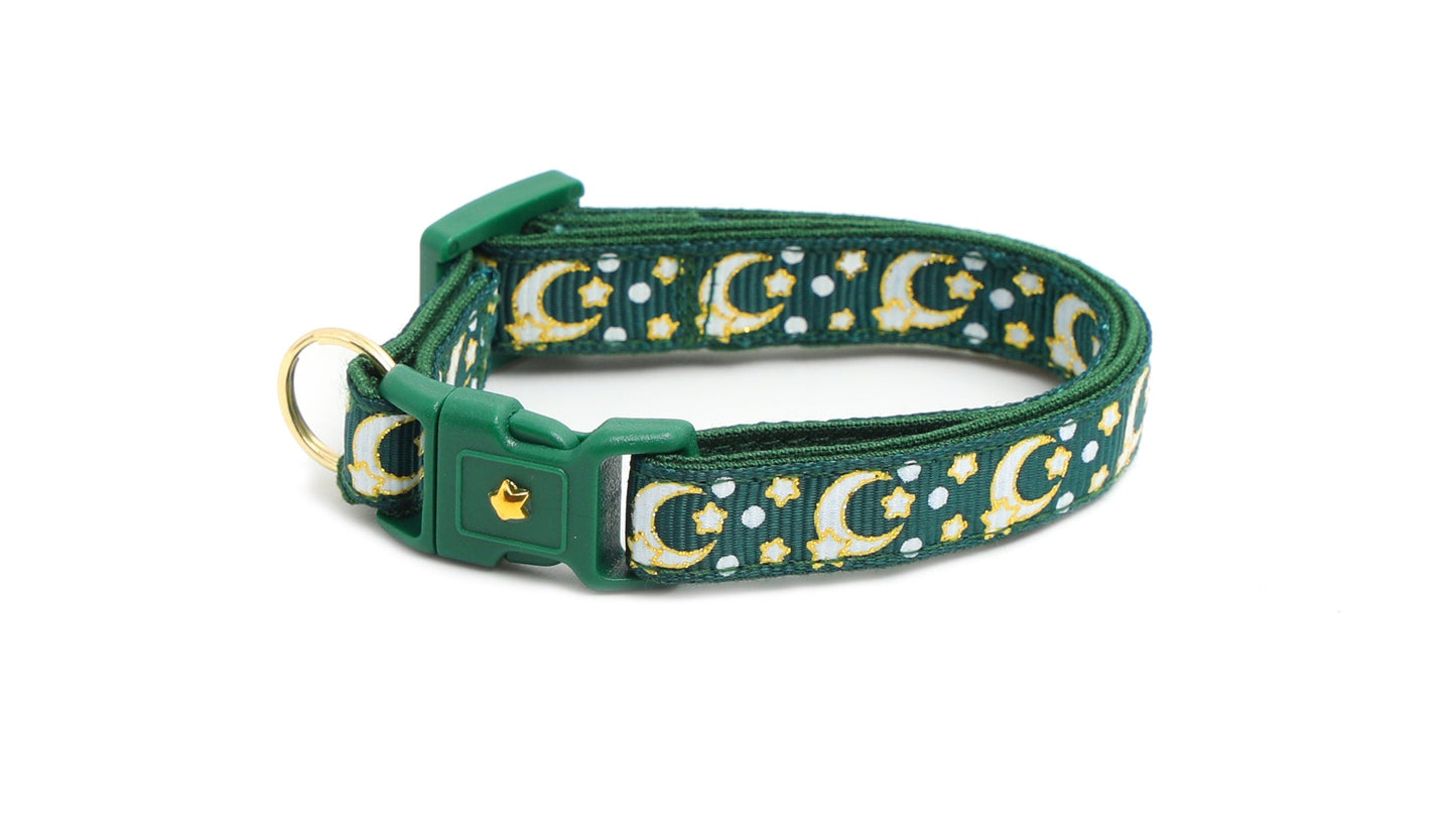 Gold Moons and Stars on Dark Green Cat Collar