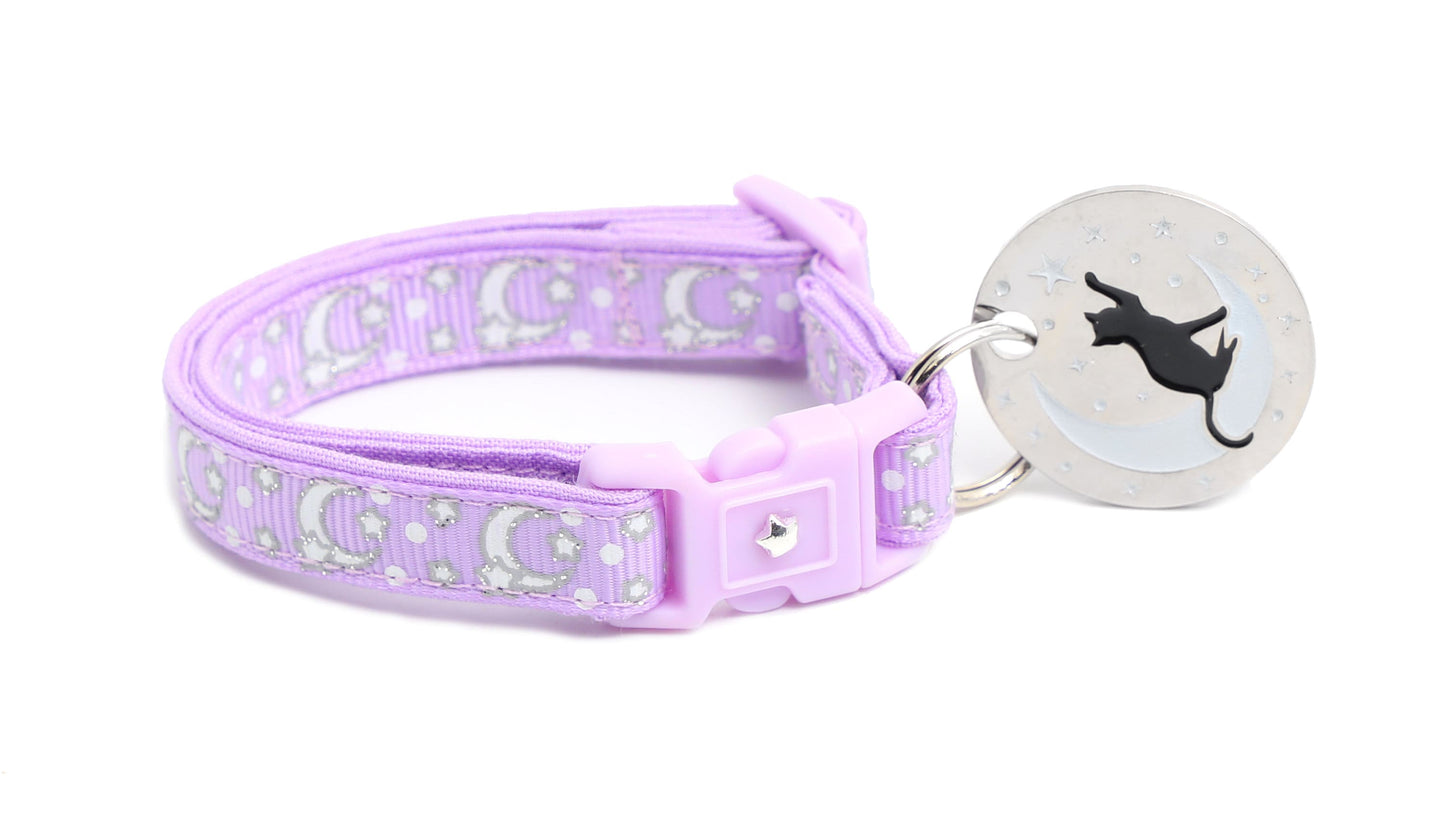Silver Moons and Stars on Pastel Purple Cat Collar